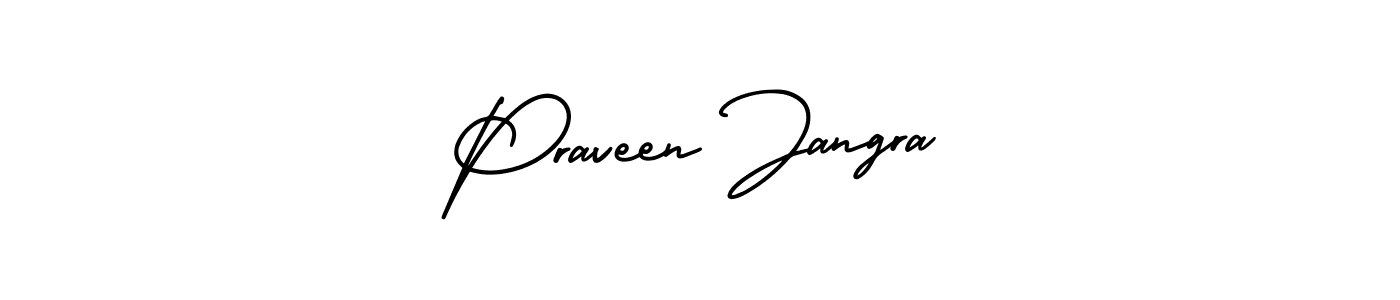 You should practise on your own different ways (AmerikaSignatureDemo-Regular) to write your name (Praveen Jangra) in signature. don't let someone else do it for you. Praveen Jangra signature style 3 images and pictures png