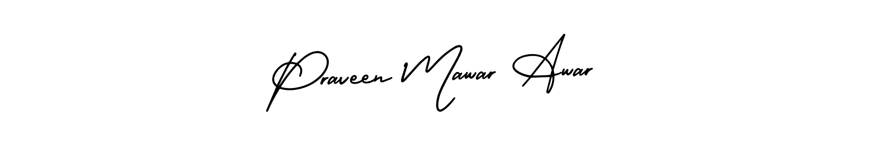 The best way (AmerikaSignatureDemo-Regular) to make a short signature is to pick only two or three words in your name. The name Praveen Mawar Awar include a total of six letters. For converting this name. Praveen Mawar Awar signature style 3 images and pictures png