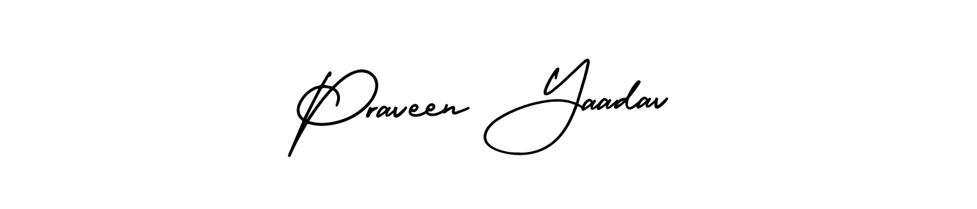 You should practise on your own different ways (AmerikaSignatureDemo-Regular) to write your name (Praveen Yaadav) in signature. don't let someone else do it for you. Praveen Yaadav signature style 3 images and pictures png