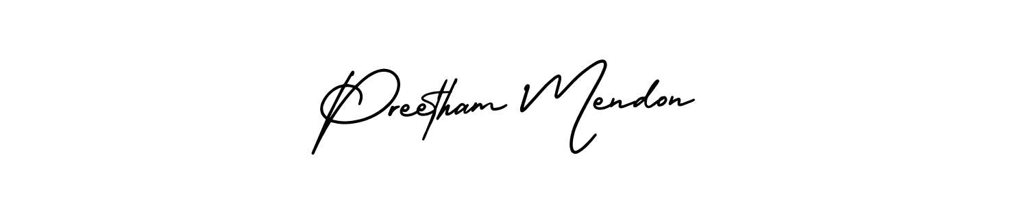 The best way (AmerikaSignatureDemo-Regular) to make a short signature is to pick only two or three words in your name. The name Preetham Mendon include a total of six letters. For converting this name. Preetham Mendon signature style 3 images and pictures png