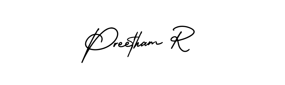 The best way (AmerikaSignatureDemo-Regular) to make a short signature is to pick only two or three words in your name. The name Preetham R include a total of six letters. For converting this name. Preetham R signature style 3 images and pictures png