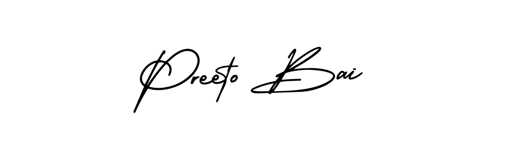 You should practise on your own different ways (AmerikaSignatureDemo-Regular) to write your name (Preeto Bai) in signature. don't let someone else do it for you. Preeto Bai signature style 3 images and pictures png