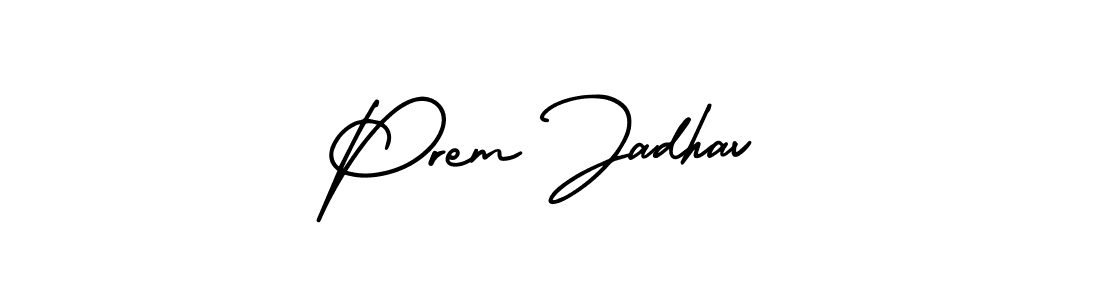 You should practise on your own different ways (AmerikaSignatureDemo-Regular) to write your name (Prem Jadhav) in signature. don't let someone else do it for you. Prem Jadhav signature style 3 images and pictures png