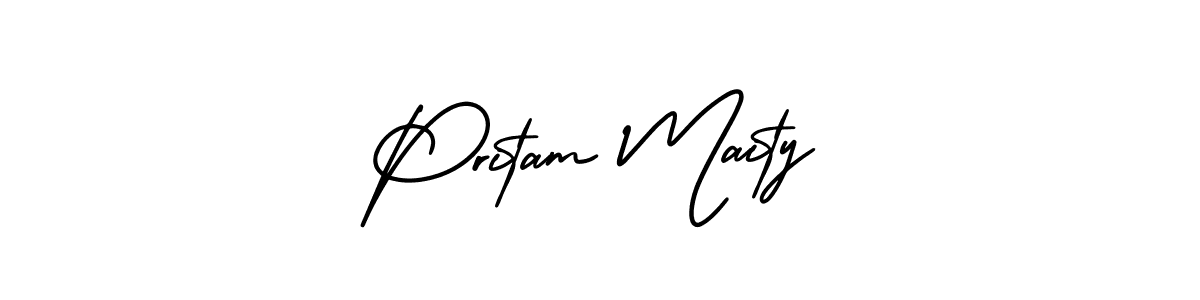 The best way (AmerikaSignatureDemo-Regular) to make a short signature is to pick only two or three words in your name. The name Pritam Maity include a total of six letters. For converting this name. Pritam Maity signature style 3 images and pictures png