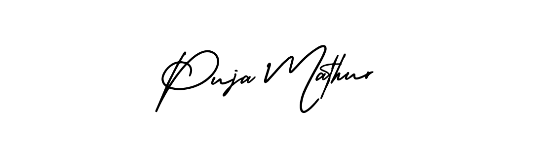 You should practise on your own different ways (AmerikaSignatureDemo-Regular) to write your name (Puja Mathur) in signature. don't let someone else do it for you. Puja Mathur signature style 3 images and pictures png
