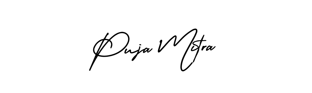 You should practise on your own different ways (AmerikaSignatureDemo-Regular) to write your name (Puja Mitra) in signature. don't let someone else do it for you. Puja Mitra signature style 3 images and pictures png