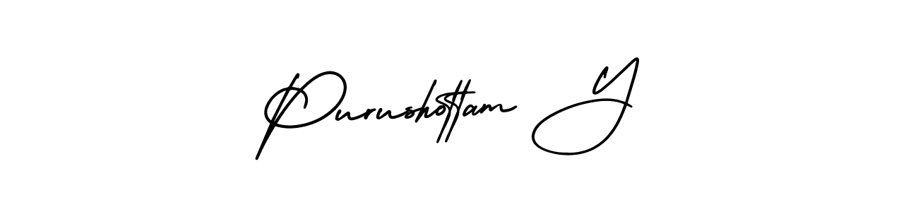 You should practise on your own different ways (AmerikaSignatureDemo-Regular) to write your name (Purushottam Y) in signature. don't let someone else do it for you. Purushottam Y signature style 3 images and pictures png