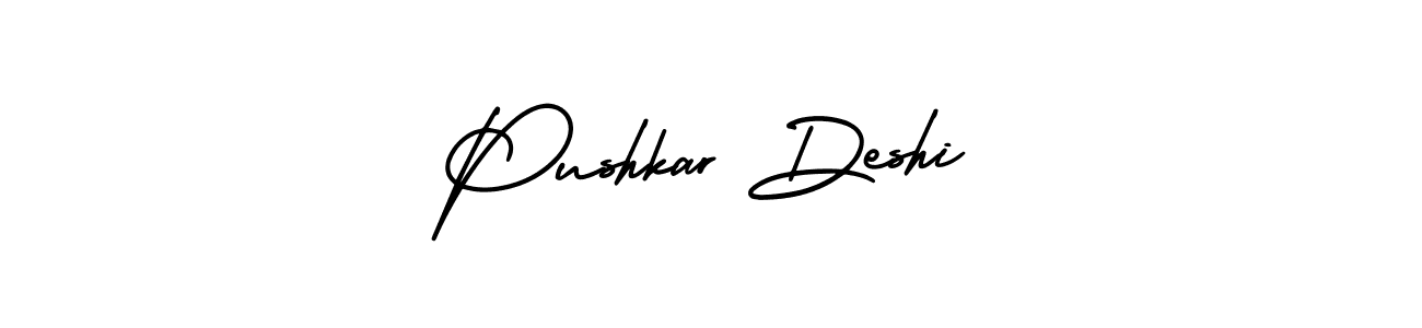 You should practise on your own different ways (AmerikaSignatureDemo-Regular) to write your name (Pushkar Deshi) in signature. don't let someone else do it for you. Pushkar Deshi signature style 3 images and pictures png