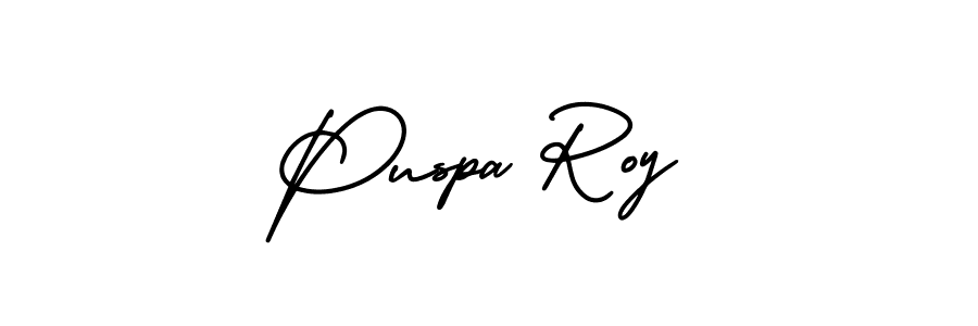 You should practise on your own different ways (AmerikaSignatureDemo-Regular) to write your name (Puspa Roy) in signature. don't let someone else do it for you. Puspa Roy signature style 3 images and pictures png