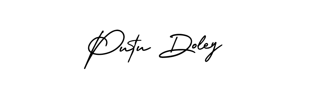 You should practise on your own different ways (AmerikaSignatureDemo-Regular) to write your name (Putu Doley) in signature. don't let someone else do it for you. Putu Doley signature style 3 images and pictures png
