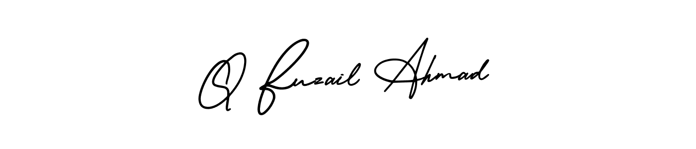 This is the best signature style for the Q Fuzail Ahmad name. Also you like these signature font (AmerikaSignatureDemo-Regular). Mix name signature. Q Fuzail Ahmad signature style 3 images and pictures png
