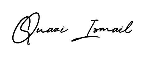 The AmerikaSignatureDemo-Regular typeface gives name Quazi Ismail a refined look. Suitable for certificates, diplomas, and official verification. Quazi Ismail signature style 3 images and pictures png