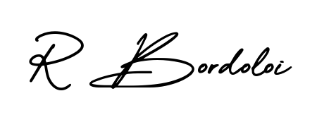 The AmerikaSignatureDemo-Regular handwriting style adds charm and authenticity to name R Bordoloi. A wonderful choice for personal thank-you notes. R Bordoloi signature style 3 images and pictures png