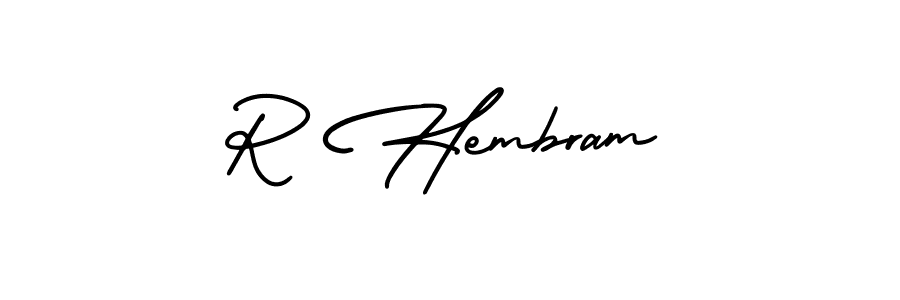 You should practise on your own different ways (AmerikaSignatureDemo-Regular) to write your name (R Hembram) in signature. don't let someone else do it for you. R Hembram signature style 3 images and pictures png