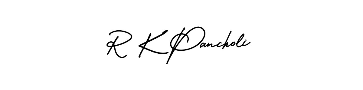 The best way (AmerikaSignatureDemo-Regular) to make a short signature is to pick only two or three words in your name. The name R K Pancholi include a total of six letters. For converting this name. R K Pancholi signature style 3 images and pictures png