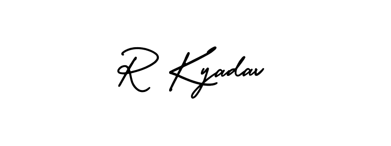 You should practise on your own different ways (AmerikaSignatureDemo-Regular) to write your name (R Kyadav) in signature. don't let someone else do it for you. R Kyadav signature style 3 images and pictures png