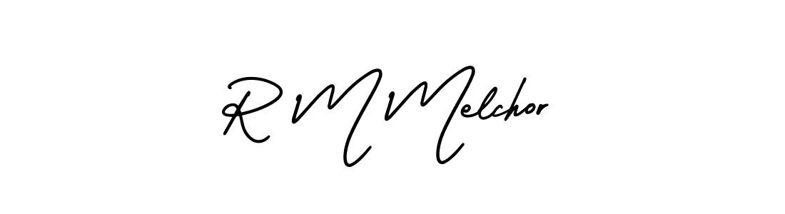 How to make R M Melchor name signature. Use AmerikaSignatureDemo-Regular style for creating short signs online. This is the latest handwritten sign. R M Melchor signature style 3 images and pictures png