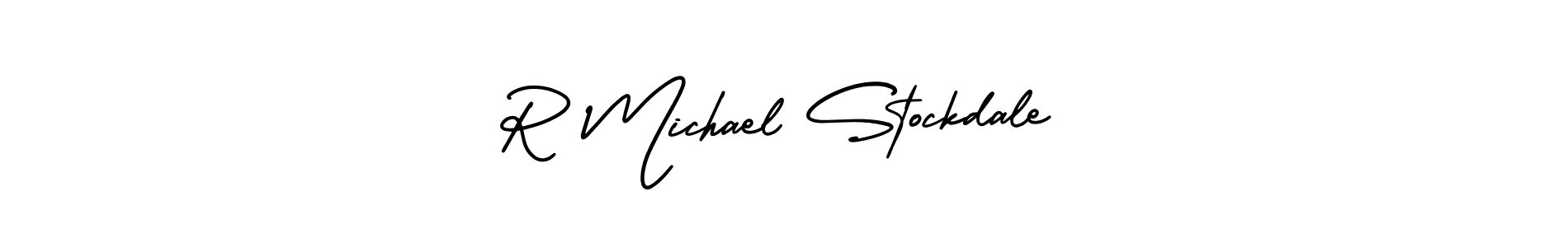 You should practise on your own different ways (AmerikaSignatureDemo-Regular) to write your name (R Michael Stockdale) in signature. don't let someone else do it for you. R Michael Stockdale signature style 3 images and pictures png