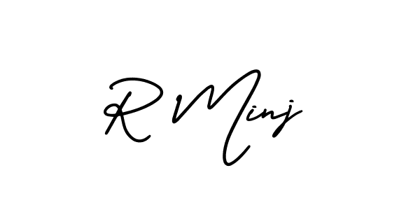 You should practise on your own different ways (AmerikaSignatureDemo-Regular) to write your name (R Minj) in signature. don't let someone else do it for you. R Minj signature style 3 images and pictures png