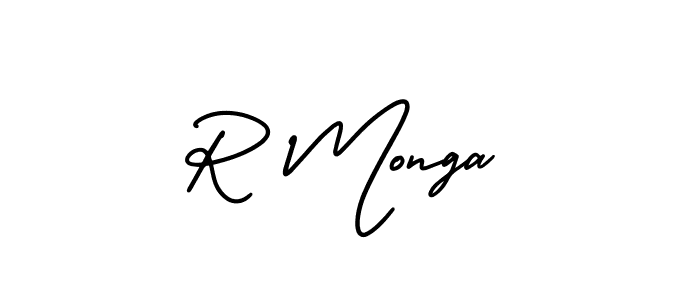 The best way (AmerikaSignatureDemo-Regular) to make a short signature is to pick only two or three words in your name. The name R Monga include a total of six letters. For converting this name. R Monga signature style 3 images and pictures png