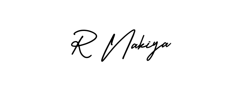 This is the best signature style for the R Nakiya name. Also you like these signature font (AmerikaSignatureDemo-Regular). Mix name signature. R Nakiya signature style 3 images and pictures png