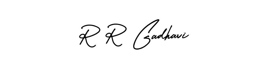 How to make R R Gadhavi name signature. Use AmerikaSignatureDemo-Regular style for creating short signs online. This is the latest handwritten sign. R R Gadhavi signature style 3 images and pictures png