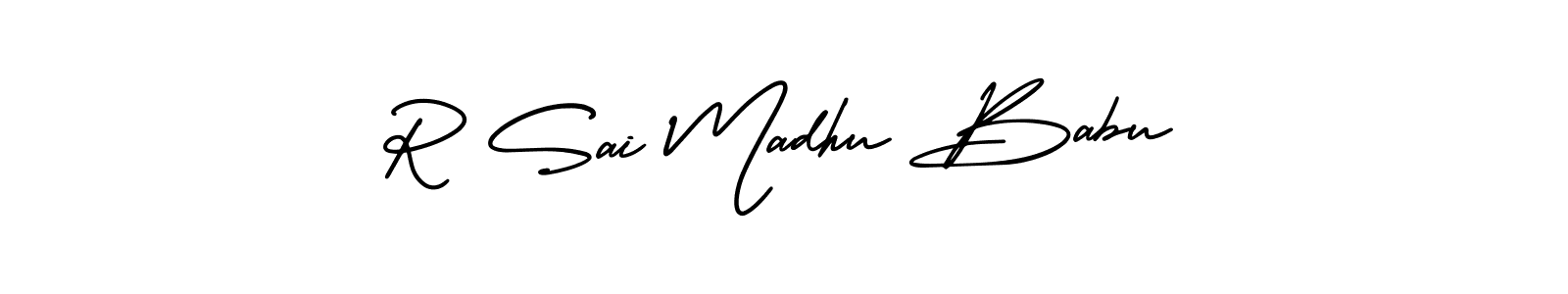 You should practise on your own different ways (AmerikaSignatureDemo-Regular) to write your name (R Sai Madhu Babu) in signature. don't let someone else do it for you. R Sai Madhu Babu signature style 3 images and pictures png