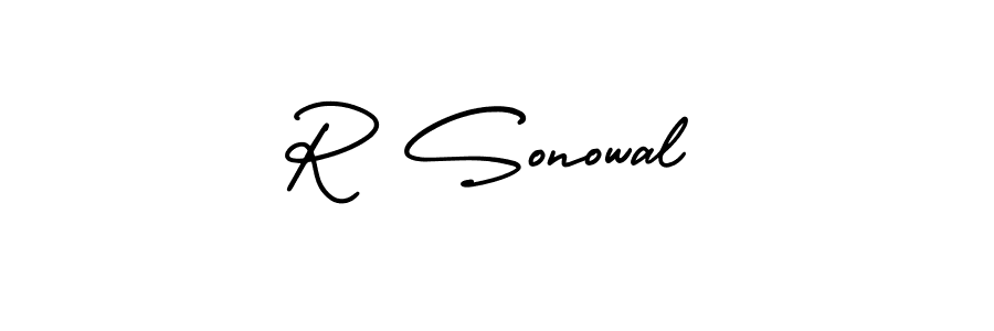 Similarly AmerikaSignatureDemo-Regular is the best handwritten signature design. Signature creator online .You can use it as an online autograph creator for name R Sonowal. R Sonowal signature style 3 images and pictures png