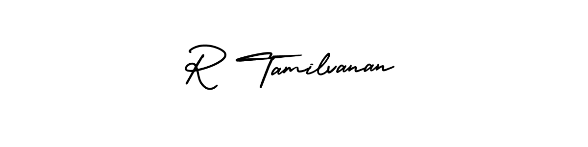 How to make R Tamilvanan name signature. Use AmerikaSignatureDemo-Regular style for creating short signs online. This is the latest handwritten sign. R Tamilvanan signature style 3 images and pictures png