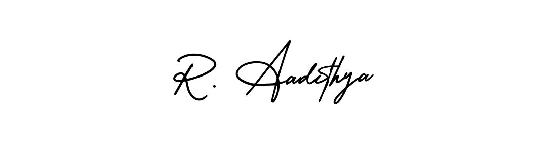 The best way (AmerikaSignatureDemo-Regular) to make a short signature is to pick only two or three words in your name. The name R. Aadithya include a total of six letters. For converting this name. R. Aadithya signature style 3 images and pictures png