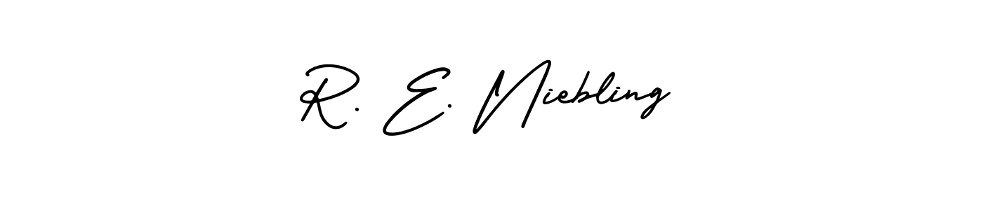 AmerikaSignatureDemo-Regular is a professional signature style that is perfect for those who want to add a touch of class to their signature. It is also a great choice for those who want to make their signature more unique. Get R. E. Niebling name to fancy signature for free. R. E. Niebling signature style 3 images and pictures png