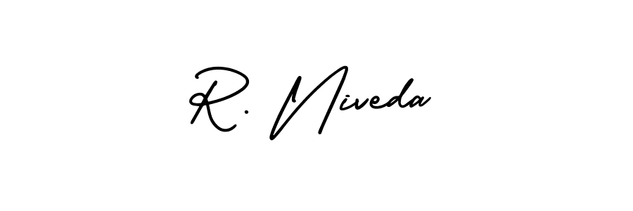 You should practise on your own different ways (AmerikaSignatureDemo-Regular) to write your name (R. Niveda) in signature. don't let someone else do it for you. R. Niveda signature style 3 images and pictures png