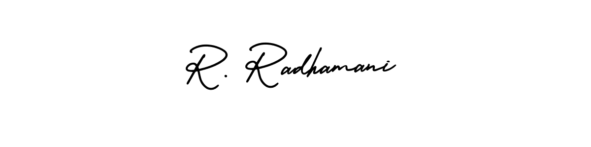 You should practise on your own different ways (AmerikaSignatureDemo-Regular) to write your name (R. Radhamani) in signature. don't let someone else do it for you. R. Radhamani signature style 3 images and pictures png