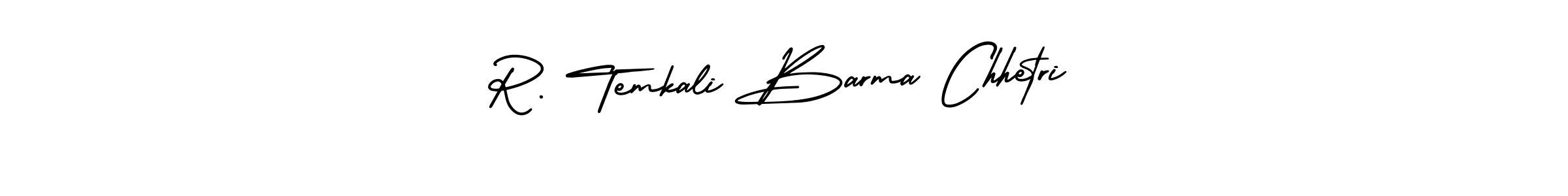 You should practise on your own different ways (AmerikaSignatureDemo-Regular) to write your name (R. Temkali Barma Chhetri) in signature. don't let someone else do it for you. R. Temkali Barma Chhetri signature style 3 images and pictures png