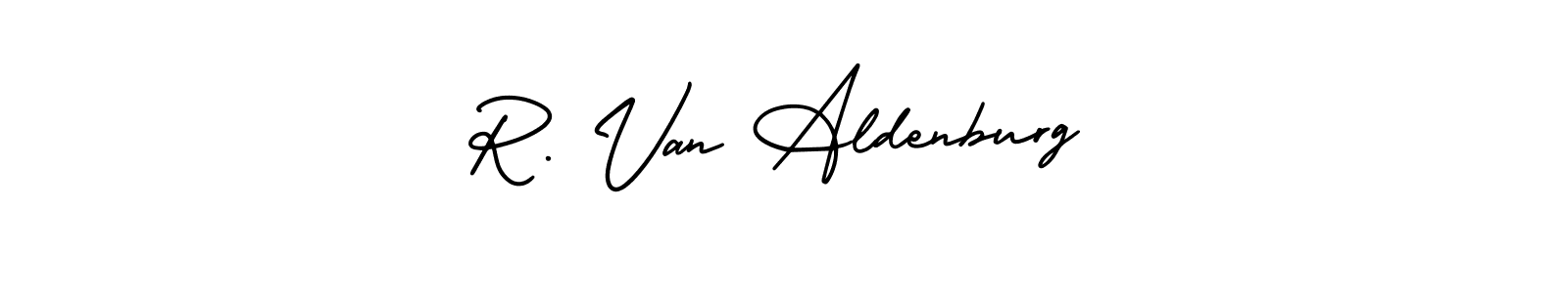 You should practise on your own different ways (AmerikaSignatureDemo-Regular) to write your name (R. Van Aldenburg) in signature. don't let someone else do it for you. R. Van Aldenburg signature style 3 images and pictures png