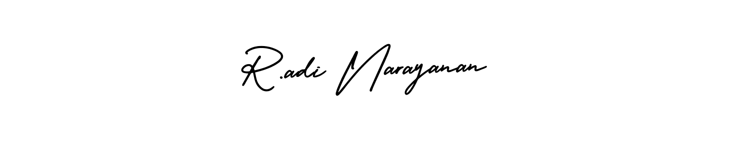 The best way (AmerikaSignatureDemo-Regular) to make a short signature is to pick only two or three words in your name. The name R.adi Narayanan include a total of six letters. For converting this name. R.adi Narayanan signature style 3 images and pictures png