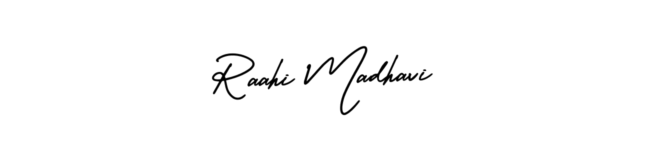 This is the best signature style for the Raahi Madhavi name. Also you like these signature font (AmerikaSignatureDemo-Regular). Mix name signature. Raahi Madhavi signature style 3 images and pictures png