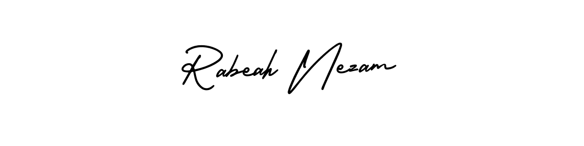 if you are searching for the best signature style for your name Rabeah Nezam. so please give up your signature search. here we have designed multiple signature styles  using AmerikaSignatureDemo-Regular. Rabeah Nezam signature style 3 images and pictures png