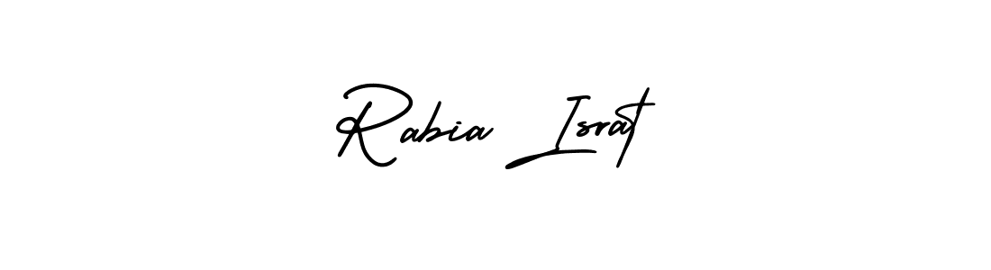 You should practise on your own different ways (AmerikaSignatureDemo-Regular) to write your name (Rabia Israt) in signature. don't let someone else do it for you. Rabia Israt signature style 3 images and pictures png