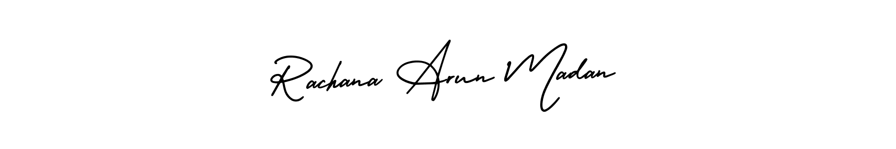 You should practise on your own different ways (AmerikaSignatureDemo-Regular) to write your name (Rachana Arun Madan) in signature. don't let someone else do it for you. Rachana Arun Madan signature style 3 images and pictures png