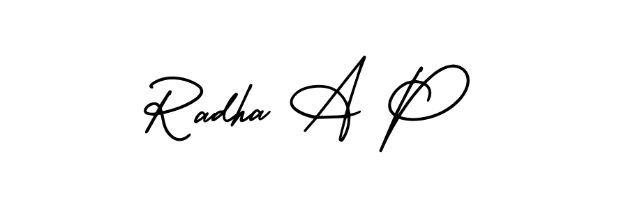 This is the best signature style for the Radha A P name. Also you like these signature font (AmerikaSignatureDemo-Regular). Mix name signature. Radha A P signature style 3 images and pictures png