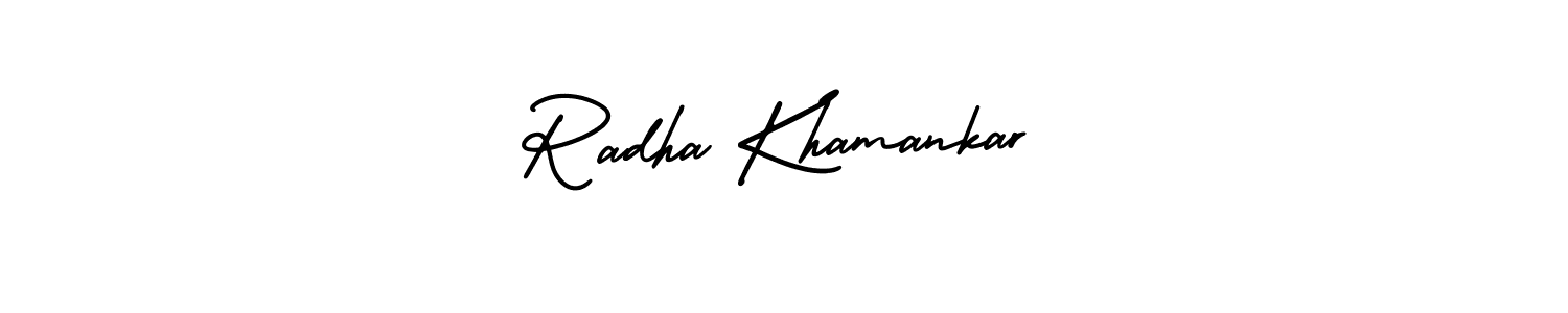 You should practise on your own different ways (AmerikaSignatureDemo-Regular) to write your name (Radha Khamankar) in signature. don't let someone else do it for you. Radha Khamankar signature style 3 images and pictures png