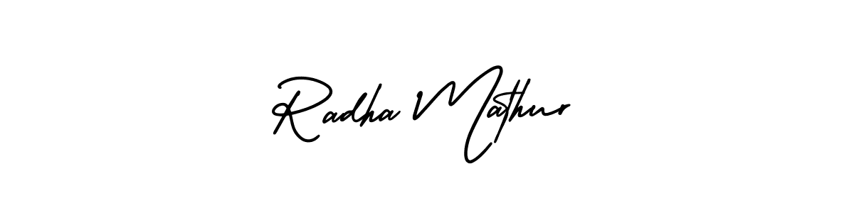 The best way (AmerikaSignatureDemo-Regular) to make a short signature is to pick only two or three words in your name. The name Radha Mathur include a total of six letters. For converting this name. Radha Mathur signature style 3 images and pictures png