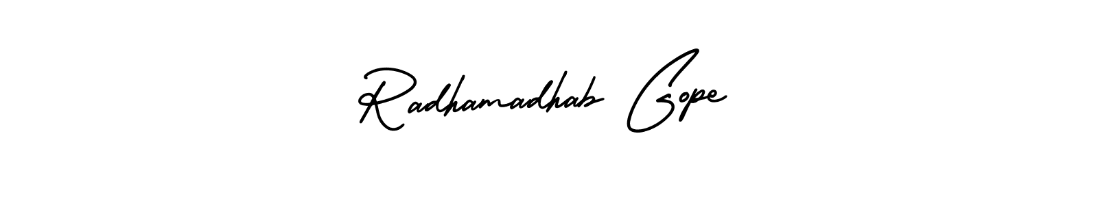 AmerikaSignatureDemo-Regular is a professional signature style that is perfect for those who want to add a touch of class to their signature. It is also a great choice for those who want to make their signature more unique. Get Radhamadhab Gope name to fancy signature for free. Radhamadhab Gope signature style 3 images and pictures png