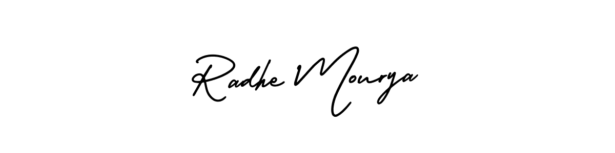 You should practise on your own different ways (AmerikaSignatureDemo-Regular) to write your name (Radhe Mourya) in signature. don't let someone else do it for you. Radhe Mourya signature style 3 images and pictures png