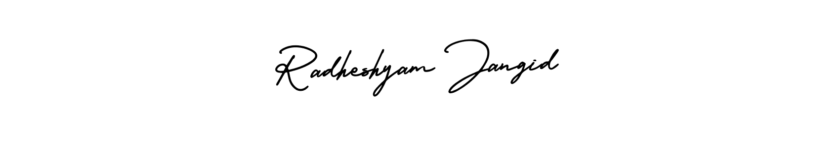The best way (AmerikaSignatureDemo-Regular) to make a short signature is to pick only two or three words in your name. The name Radheshyam Jangid include a total of six letters. For converting this name. Radheshyam Jangid signature style 3 images and pictures png