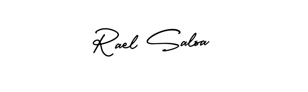 The best way (AmerikaSignatureDemo-Regular) to make a short signature is to pick only two or three words in your name. The name Rael Salsa include a total of six letters. For converting this name. Rael Salsa signature style 3 images and pictures png