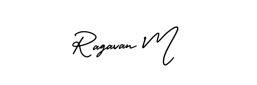 You should practise on your own different ways (AmerikaSignatureDemo-Regular) to write your name (Ragavan M) in signature. don't let someone else do it for you. Ragavan M signature style 3 images and pictures png