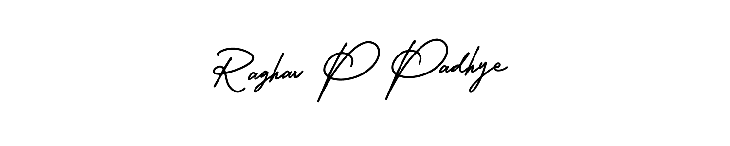 You should practise on your own different ways (AmerikaSignatureDemo-Regular) to write your name (Raghav P Padhye) in signature. don't let someone else do it for you. Raghav P Padhye signature style 3 images and pictures png