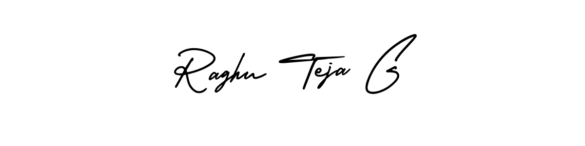 You should practise on your own different ways (AmerikaSignatureDemo-Regular) to write your name (Raghu Teja G) in signature. don't let someone else do it for you. Raghu Teja G signature style 3 images and pictures png